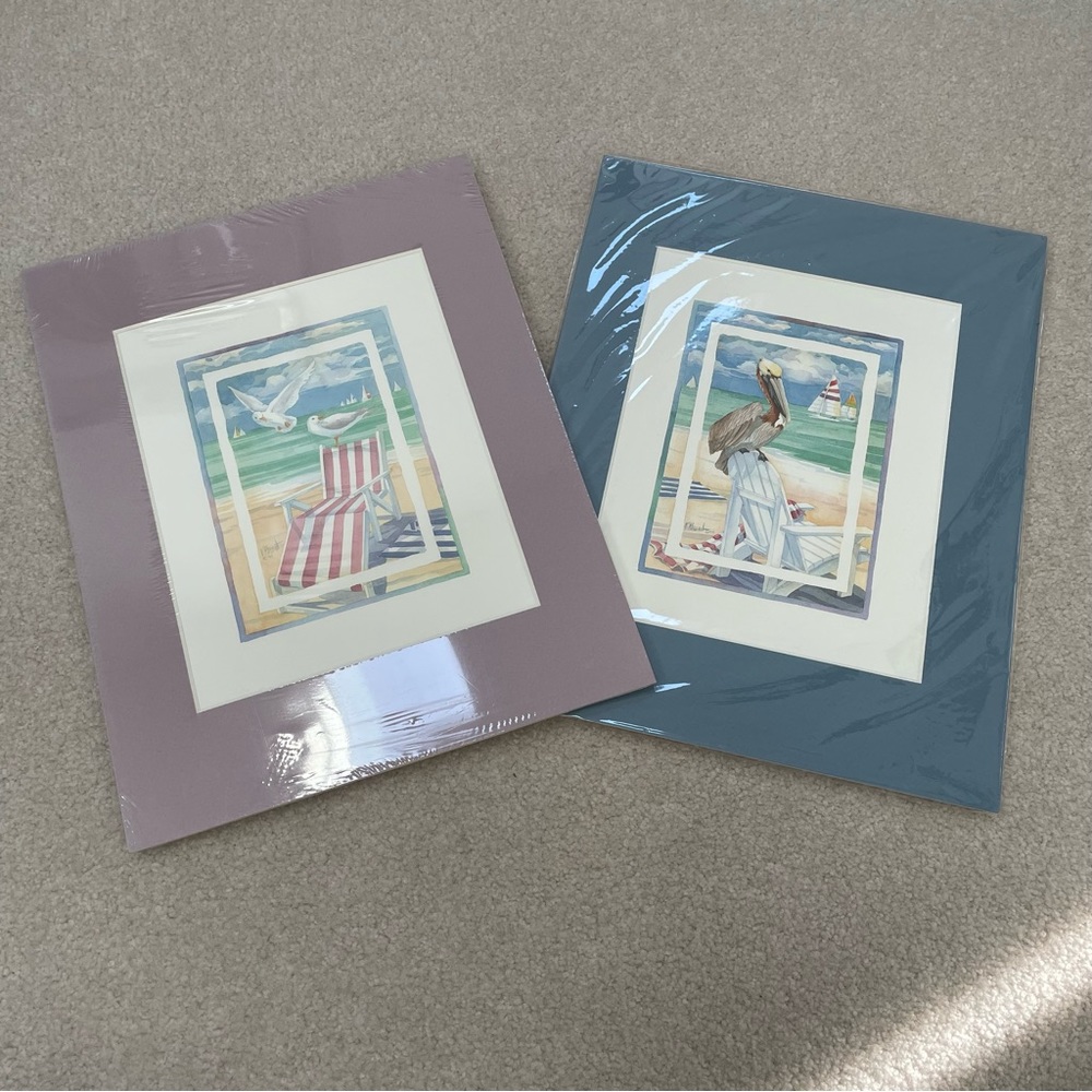 Paul Brent Idyllic Beach Matted Art (2) Prints - Pelican and Seagulls NEW!